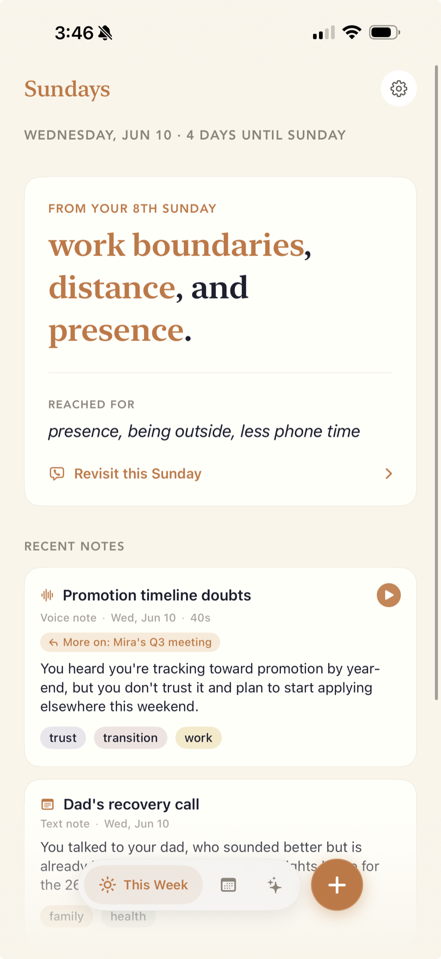 The Sundays home screen: the themes from your last call, what you reached for, and recent voice and text notes.