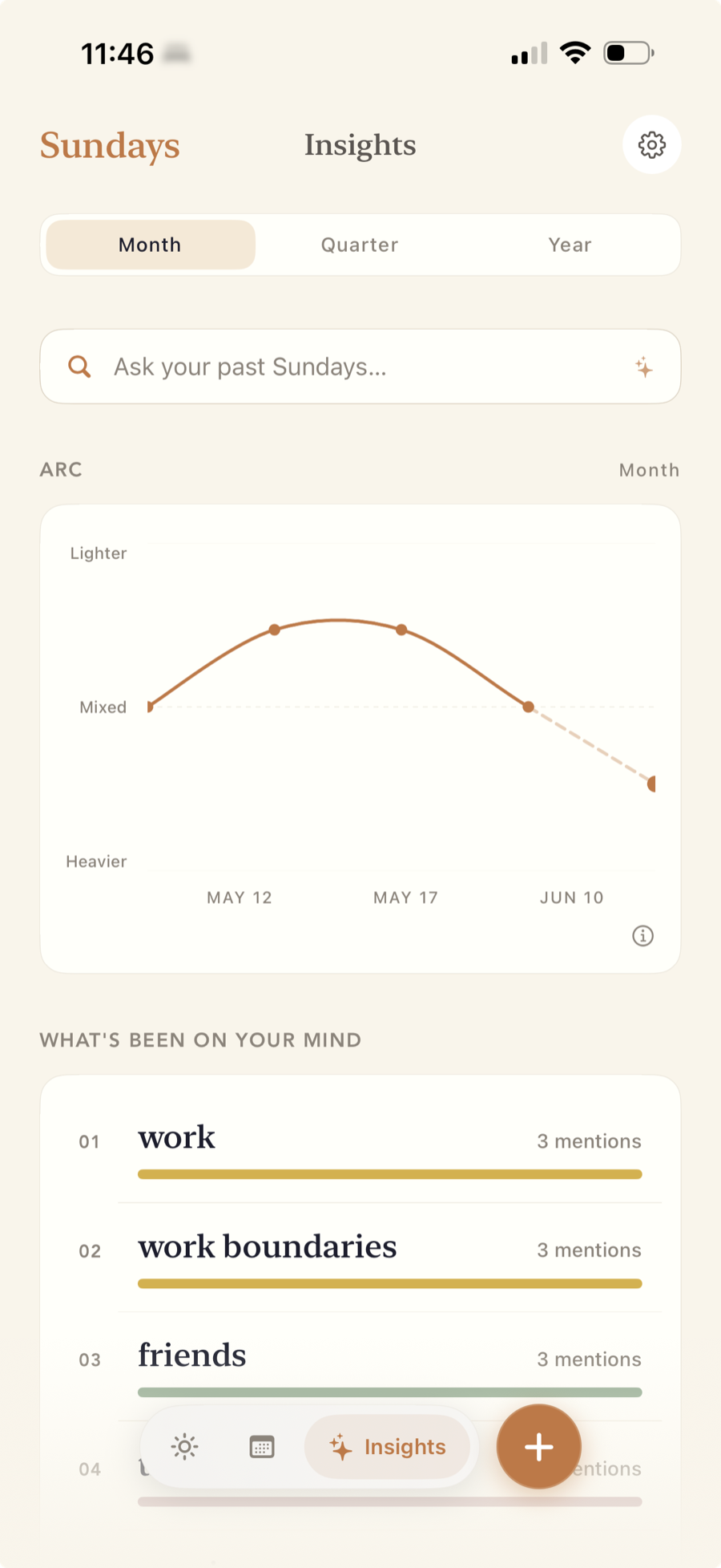 The Insights tab: an Arc chart of emotional tone across recent weeks and a ranked list of recurring themes.